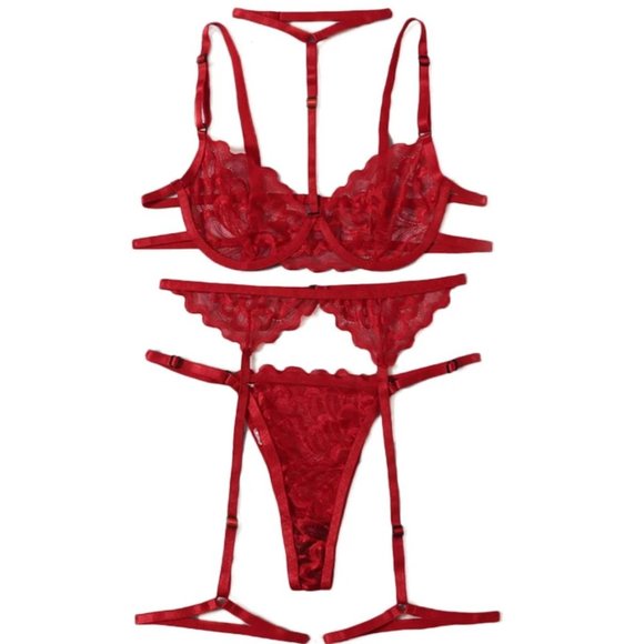 3pc Red Lace Lingerie Set - Picture 4 of 4